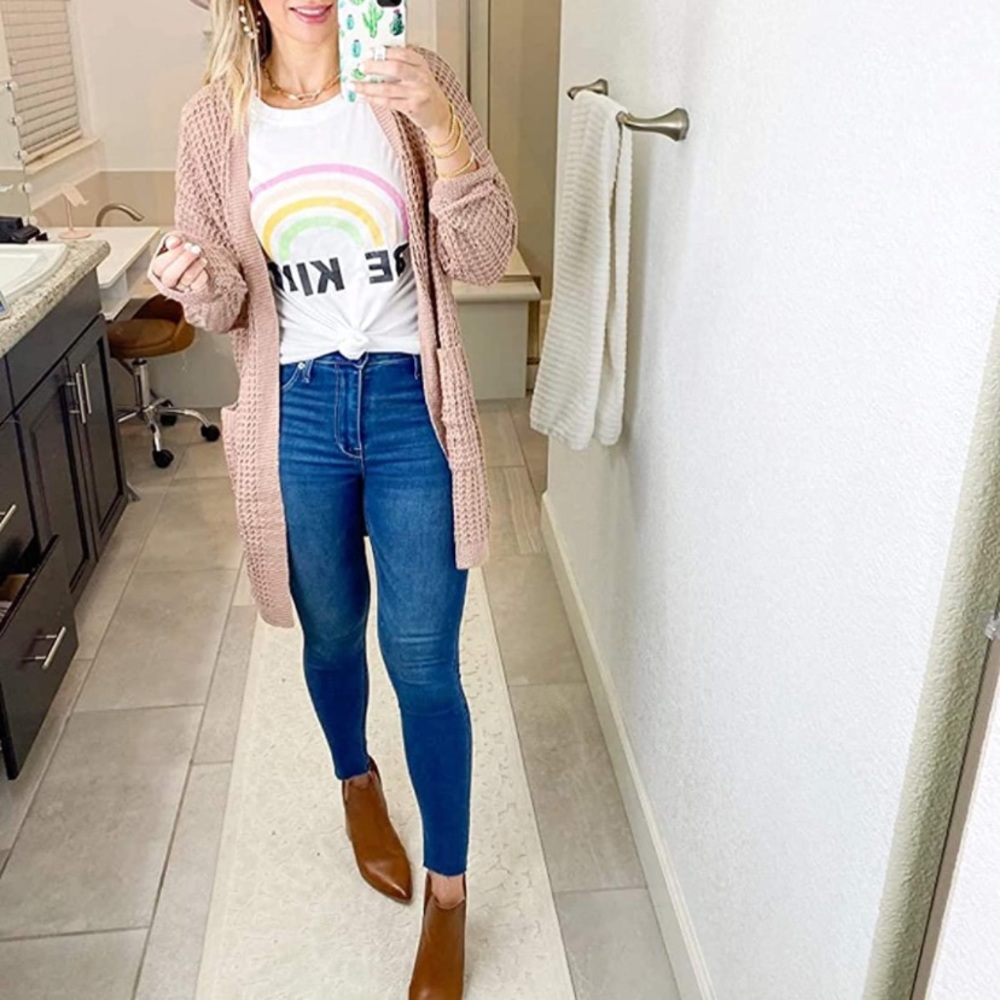 Oversized Long Batwing Sleeve Cardigan Waffle Knit Sweater Blush Pink - Picture 5 of 6